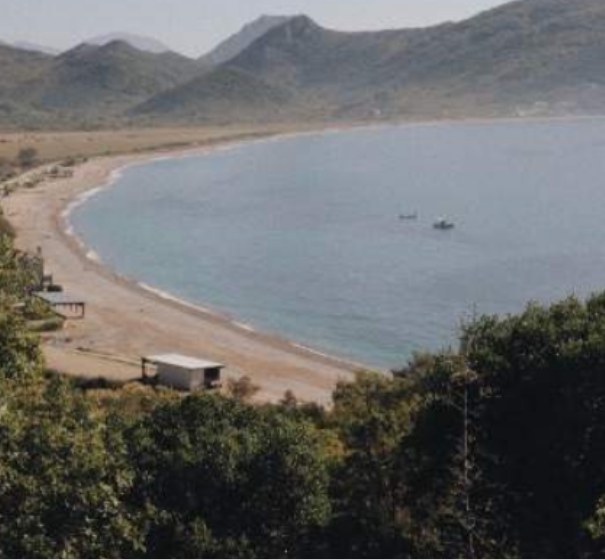 The sweeping bay at Buljarica, Montenegro, framed by forested mountains