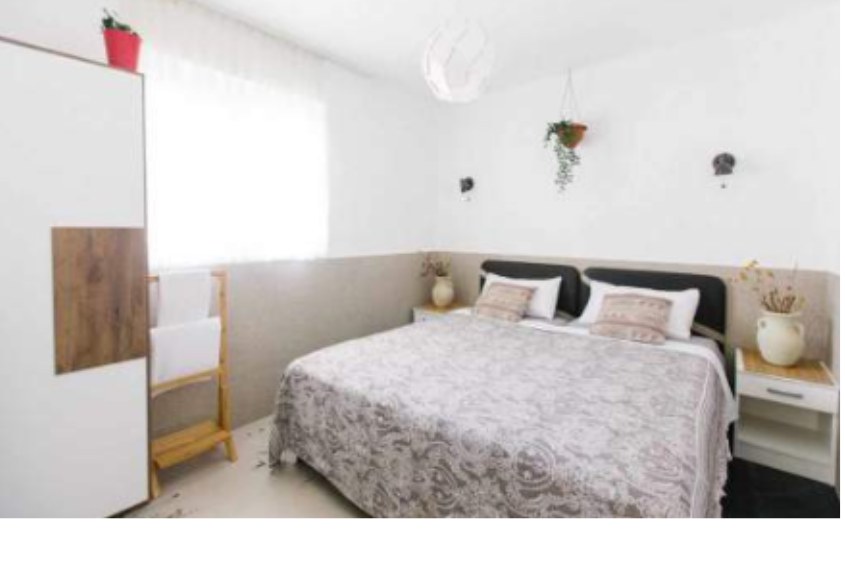 Standard room interior with a wardrobe, ladder rail and hanging plant